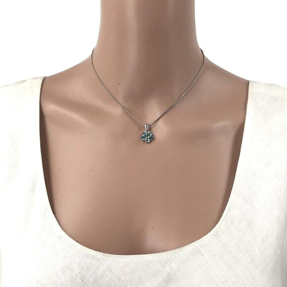 Cookie Lee Necklace Blue Green Crystal Flower Pendant Silver Tone Chain Adjustab - Picture 3 of 3
